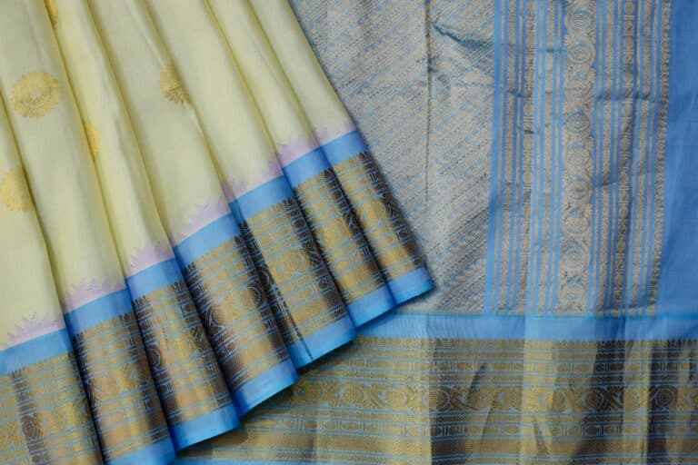 Cream Sky Blue Handloom Pure Silk Gadwal Saree - view 2