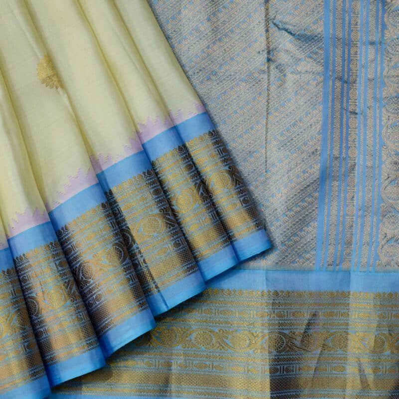 Cream Sky Blue Handloom Pure Silk Gadwal Saree - view 2