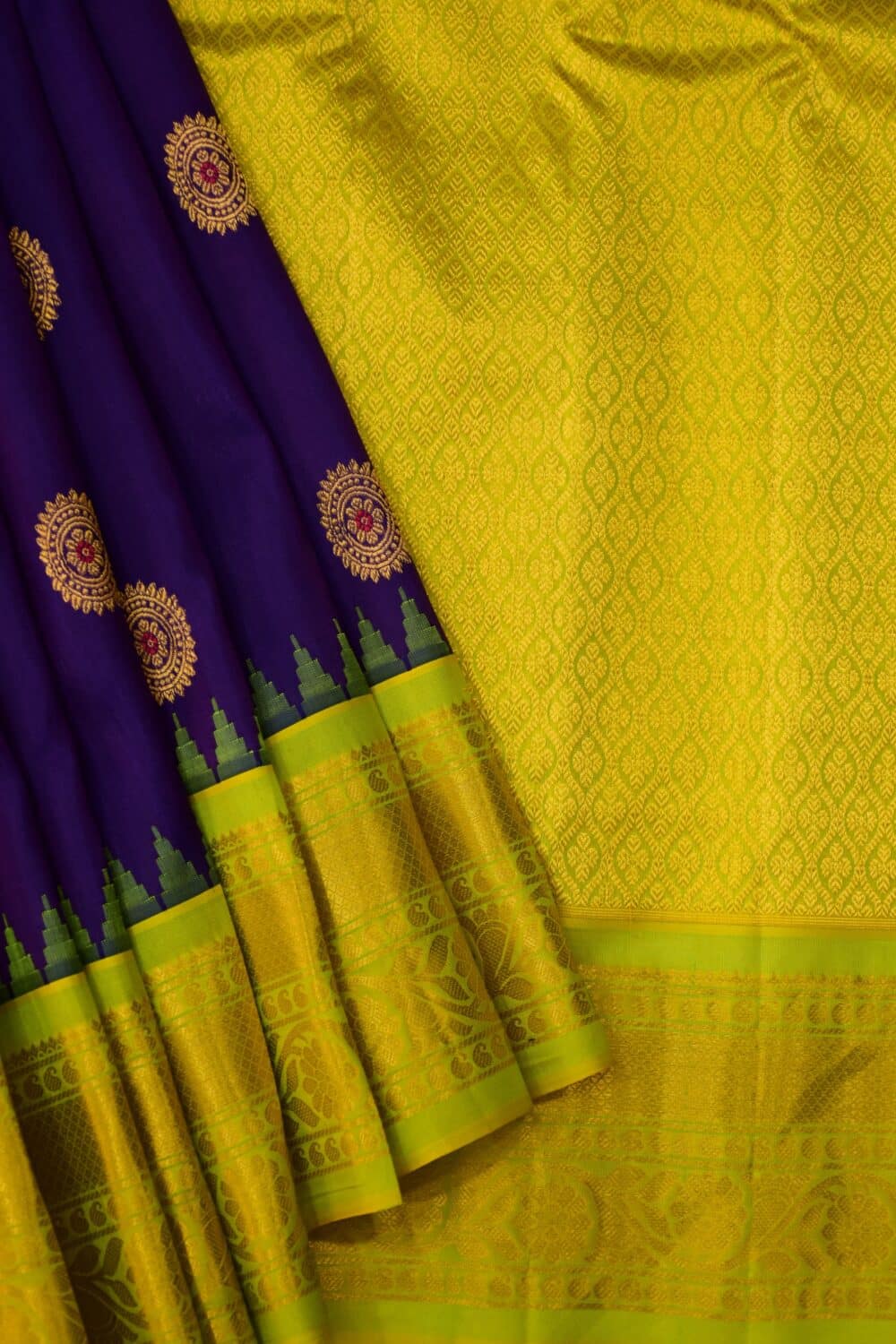 Purple Lime Green Handloom Pure Silk Gadwal Saree