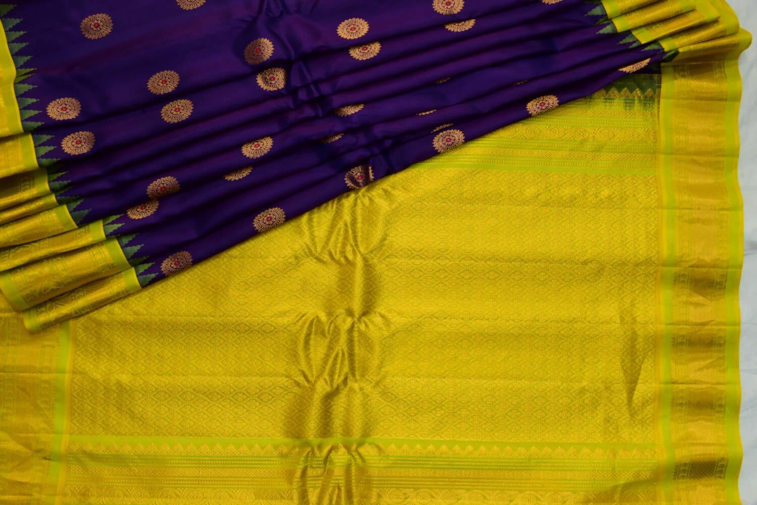 Purple Lime Green Handloom Pure Silk Gadwal Saree