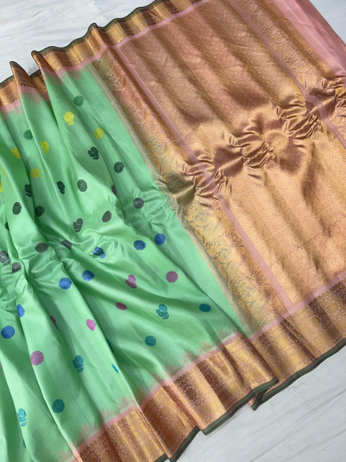 Mint Green Peach Handloom Pure Silk Gadwal Saree