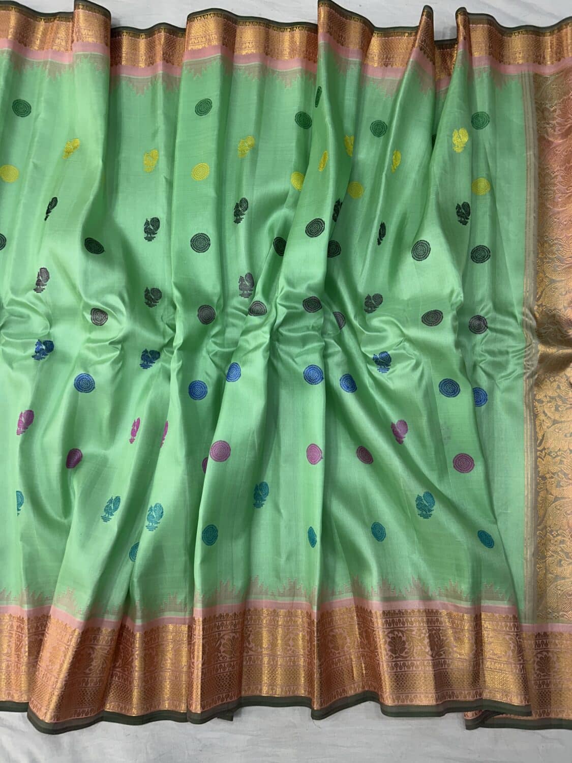 Mint Green Peach Handloom Pure Silk Gadwal Saree