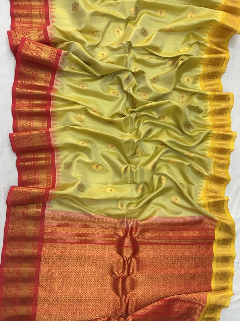Lime Green Handloom Pure Silk Gadwal Saree with Ganga Jamuna Borders - view 2