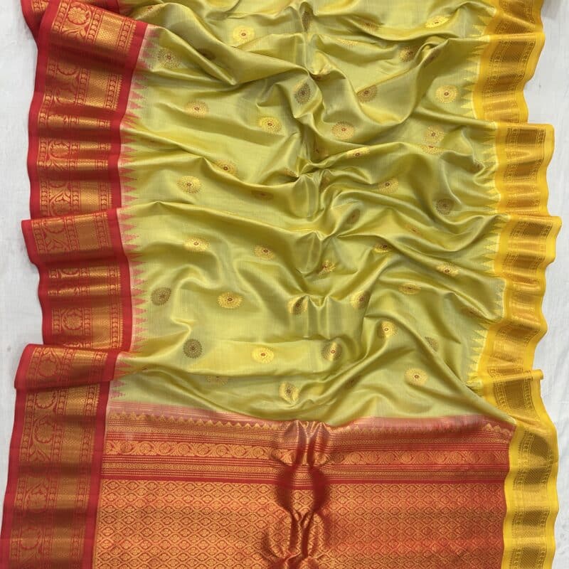 Lime Green Handloom Pure Silk Gadwal Saree with Ganga Jamuna Borders - view 2
