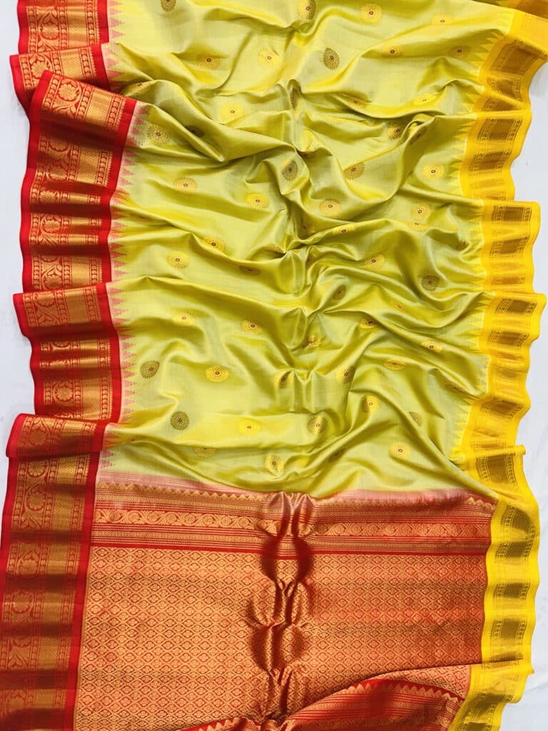 Lime Green Handloom Pure Silk Gadwal Saree with Ganga Jamuna Borders - view 3
