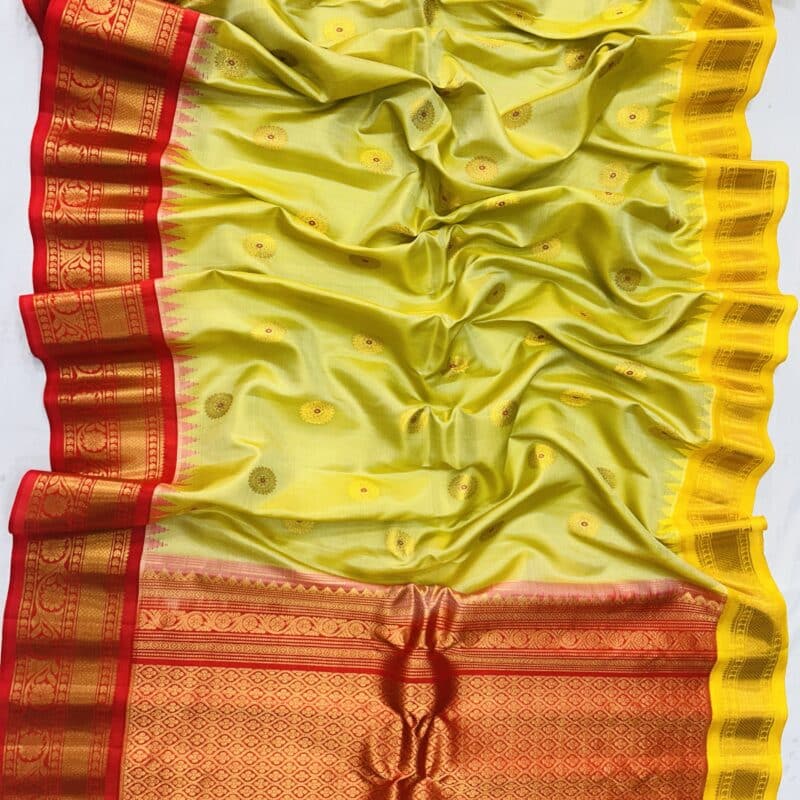 Lime Green Handloom Pure Silk Gadwal Saree with Ganga Jamuna Borders - view 3