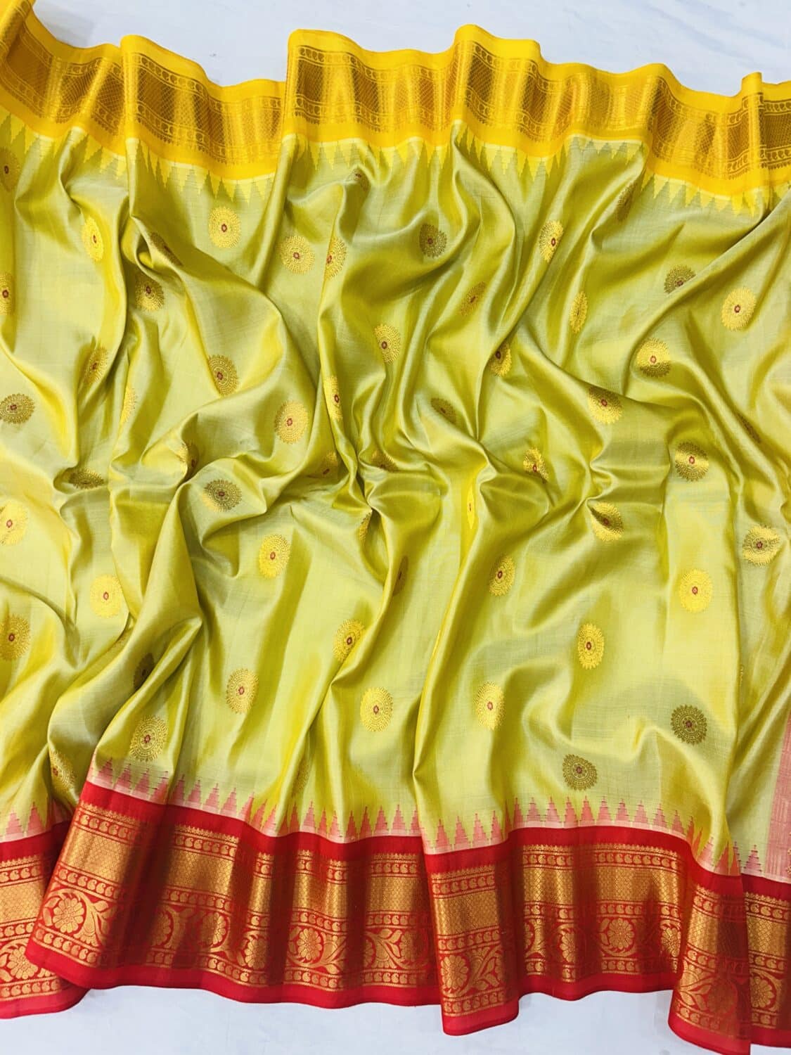 Lime Green Handloom Pure Silk Gadwal Saree with Ganga Jamuna Borders