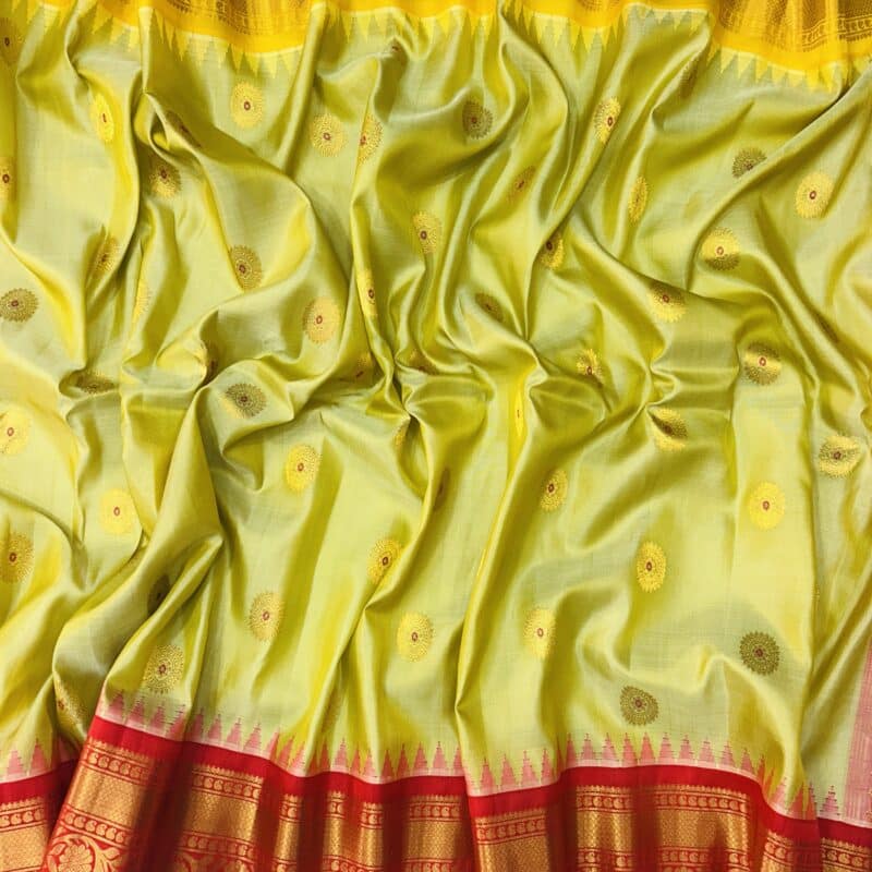 Lime Green Handloom Pure Silk Gadwal Saree with Ganga Jamuna Borders - view 4