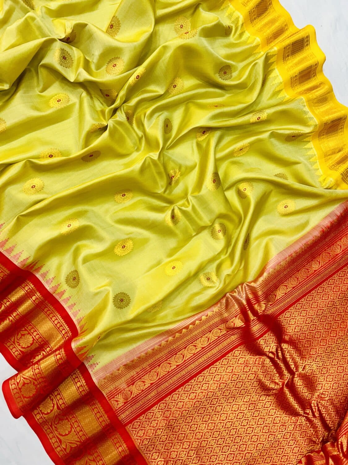 Lime Green Handloom Pure Silk Gadwal Saree with Ganga Jamuna Borders