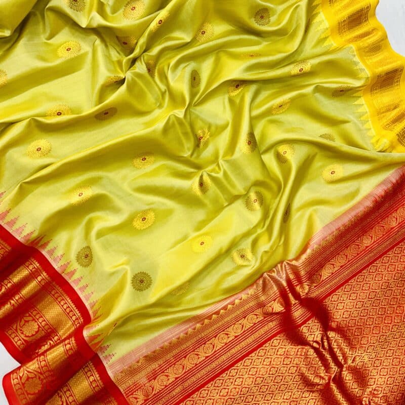 Lime Green Handloom Pure Silk Gadwal Saree with Ganga Jamuna Borders - view 5