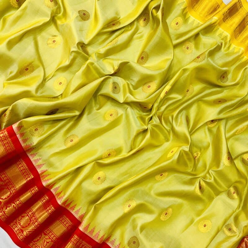 Lime Green Handloom Pure Silk Gadwal Saree with Ganga Jamuna Borders - view 6