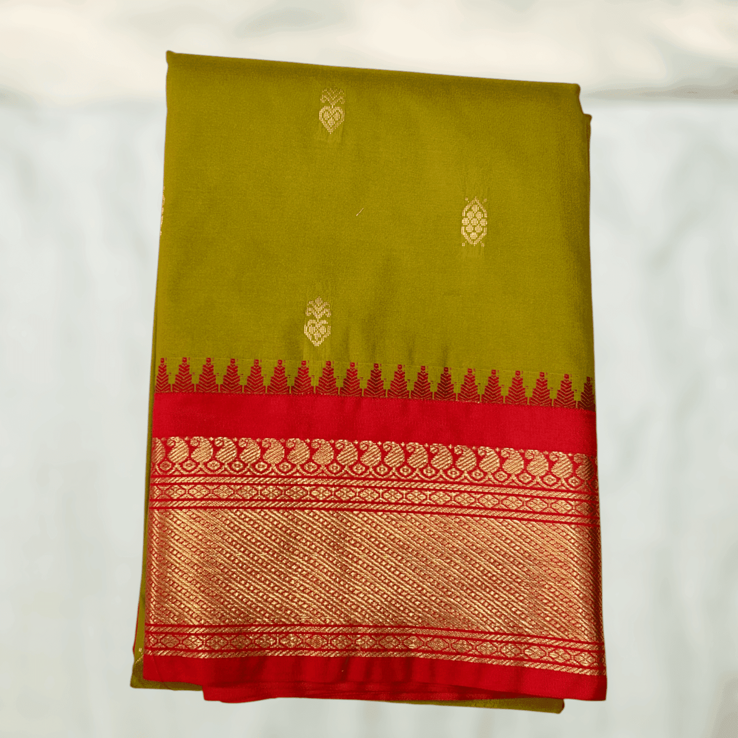 Mehendi Green Red Semi Gadwal Saree