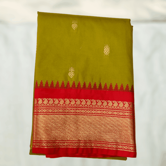 Mehendi Green Red Semi Gadwal Saree