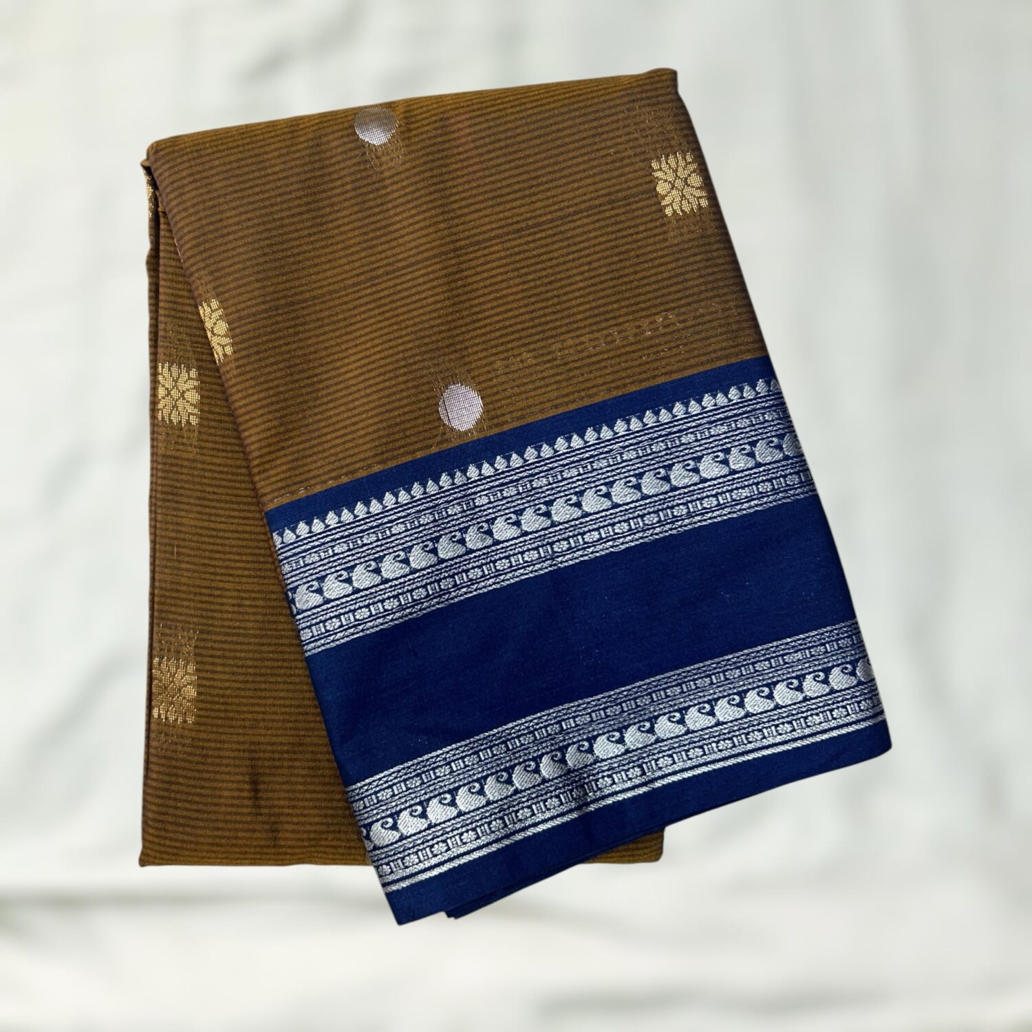 Mustard Brown Royal Blue Semi Gadwal Saree