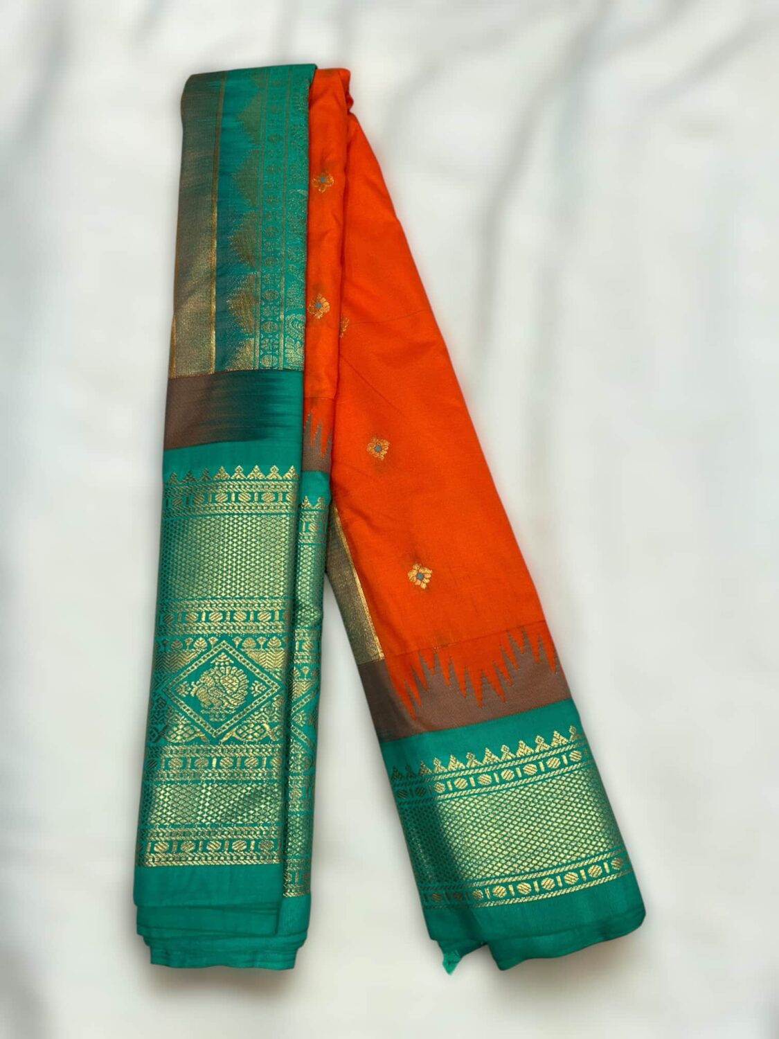 Orange Premium Semi Gadwal Saree | Blue Pallu, Meena Buttas & Big Temple Border