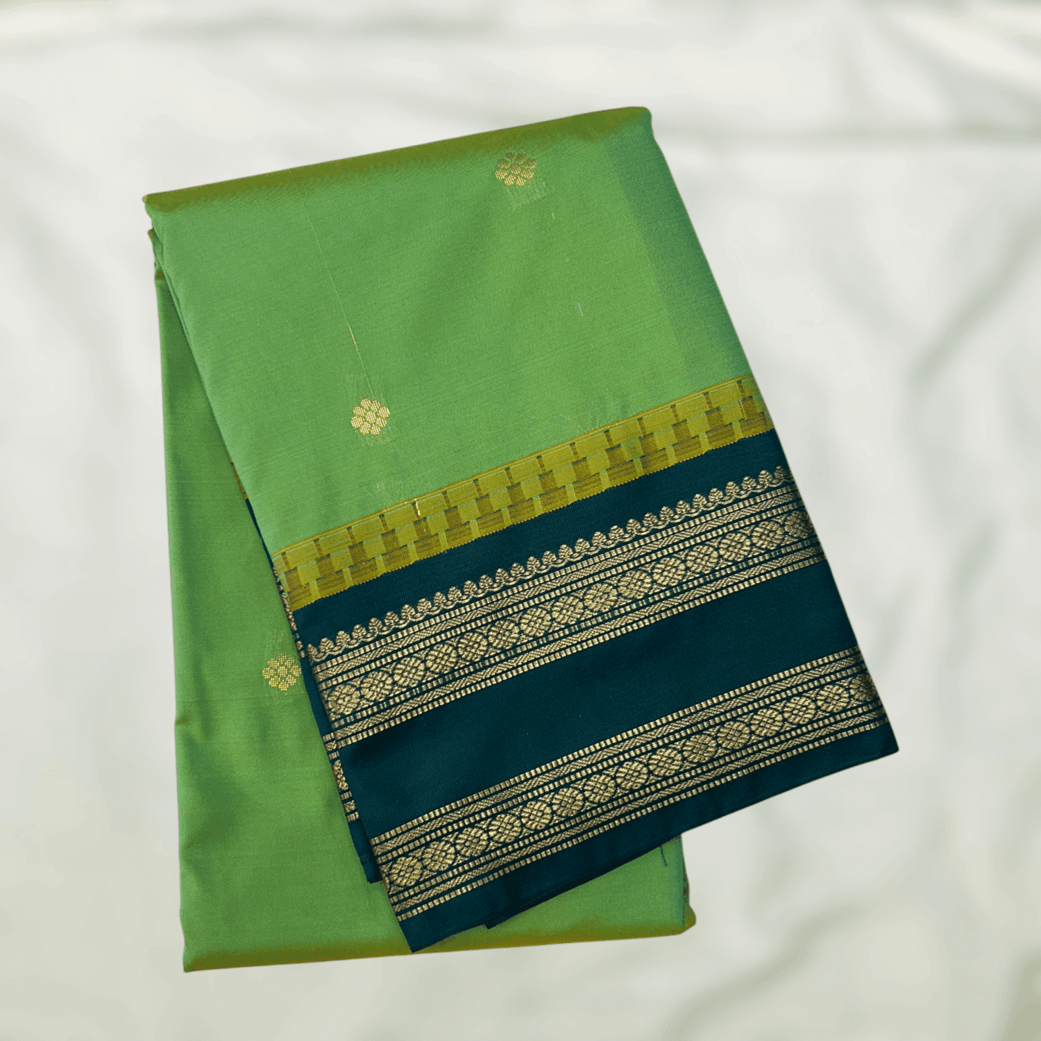 Pista Green Bottle Green Semi Gadwal Saree