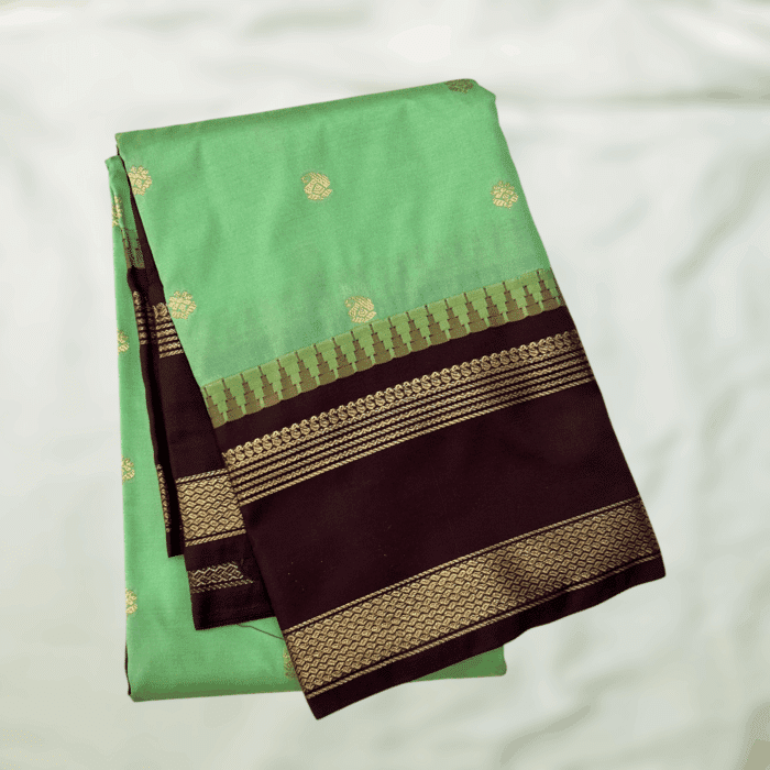 Pista Green Brown Semi Gadwal Saree
