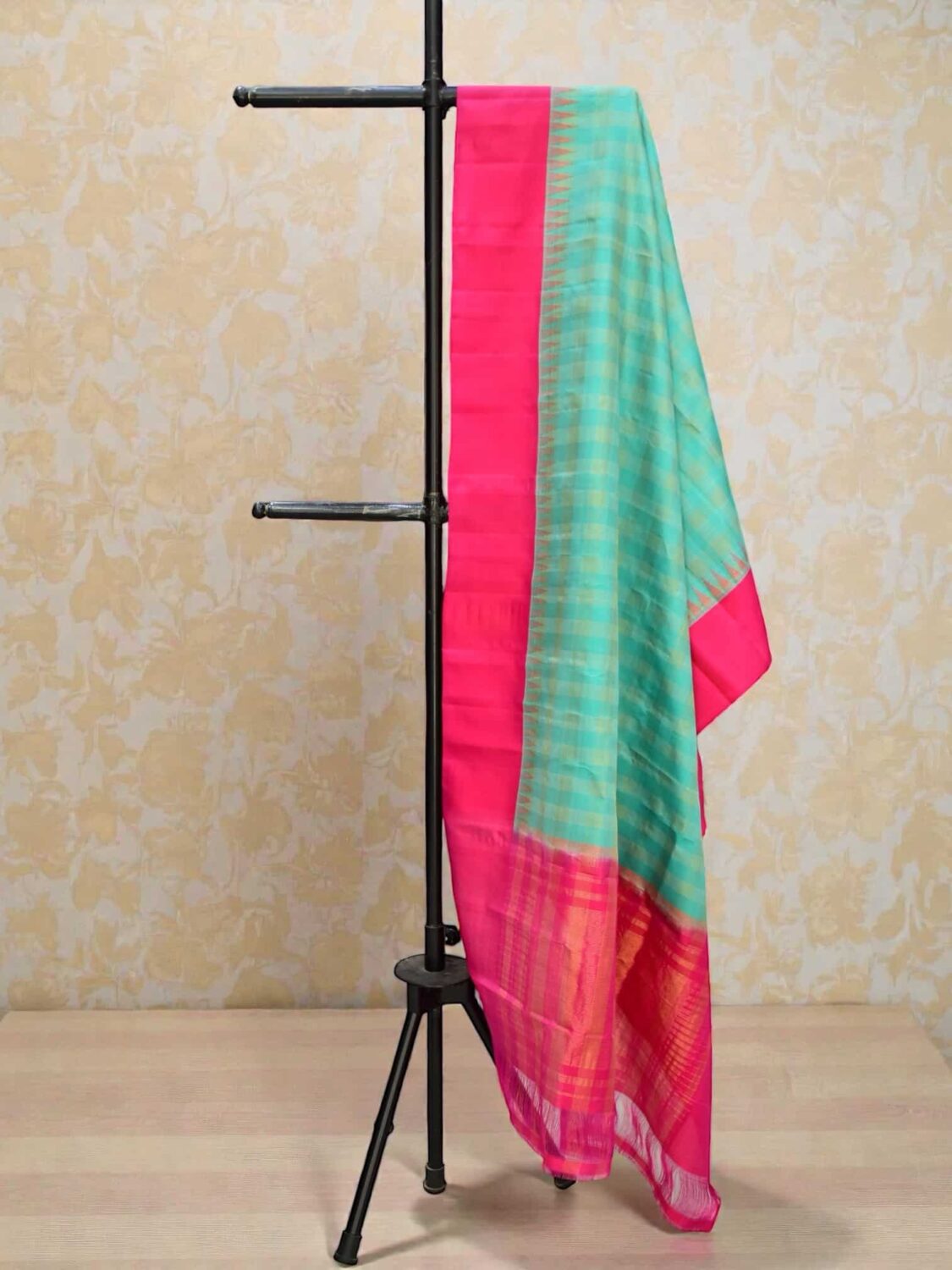 Rani Pink & Sea Green Pure Silk Handloom Dupatta | Temple Border & Zari Checks