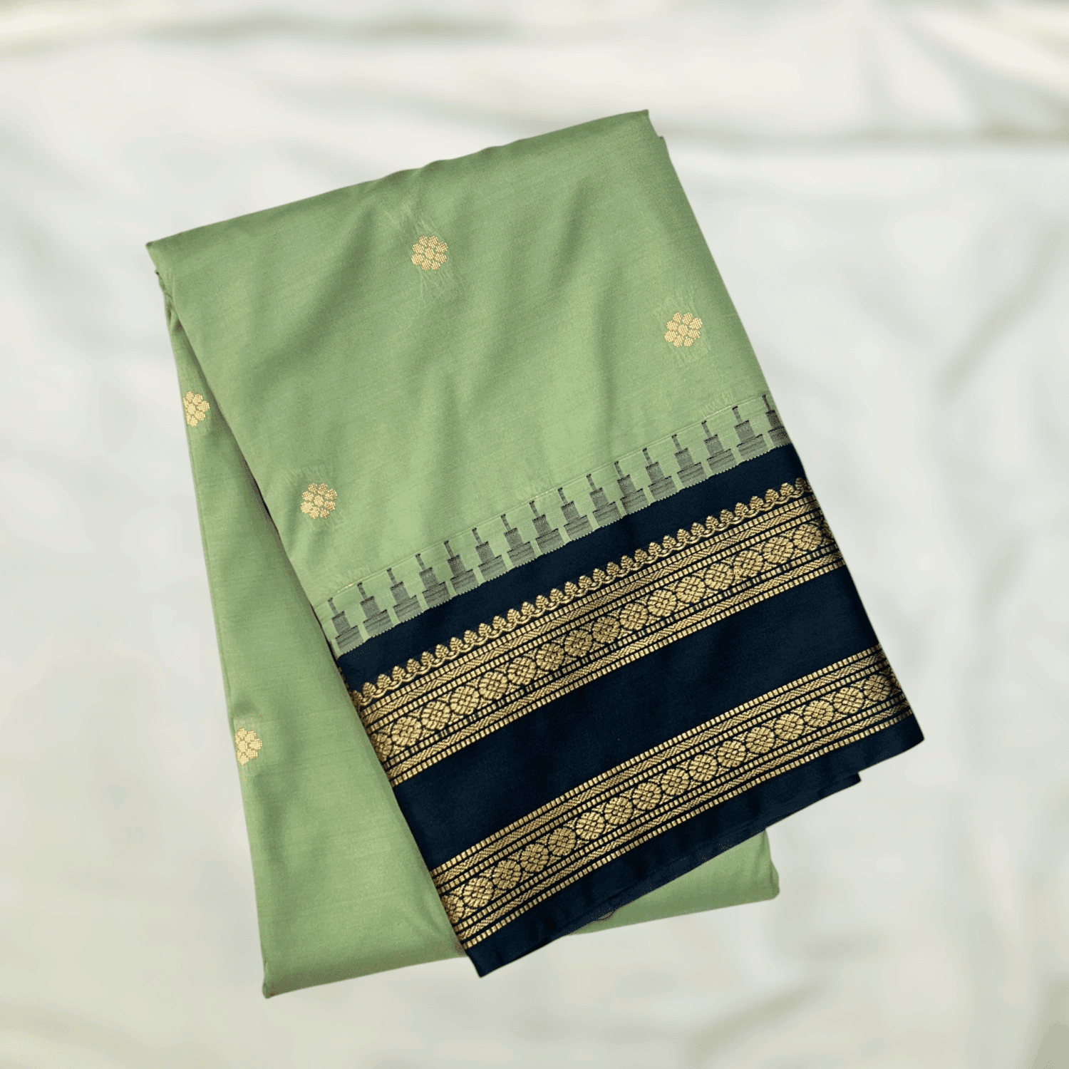 Sage Green Navy Blue Semi Gadwal Saree