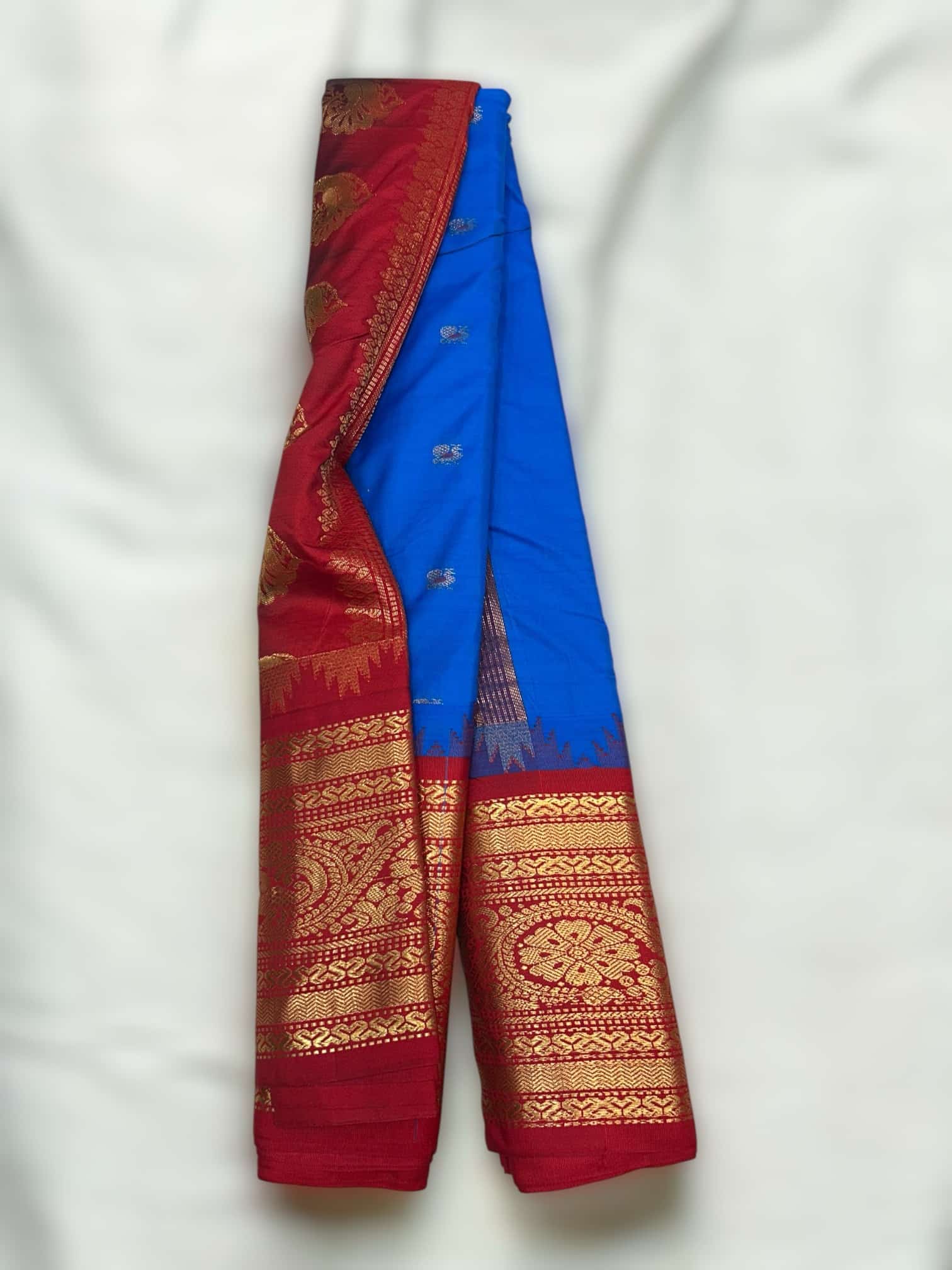 Sky Blue Premium Semi Gadwal Saree | Red Pallu, Butta Work & Temple Border 1 Sky Blue Premium Semi Gadwal Saree