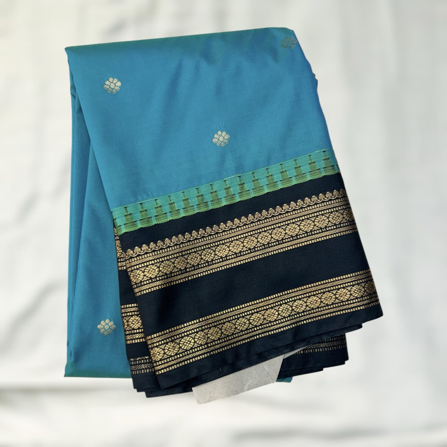 Teal Blue Black Semi Gadwal Saree