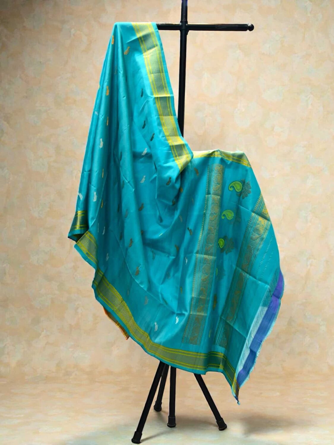 Turquoise Blue Pure Silk Handloom Dupatta | Gold Silver Zari & Meenakari Pallu