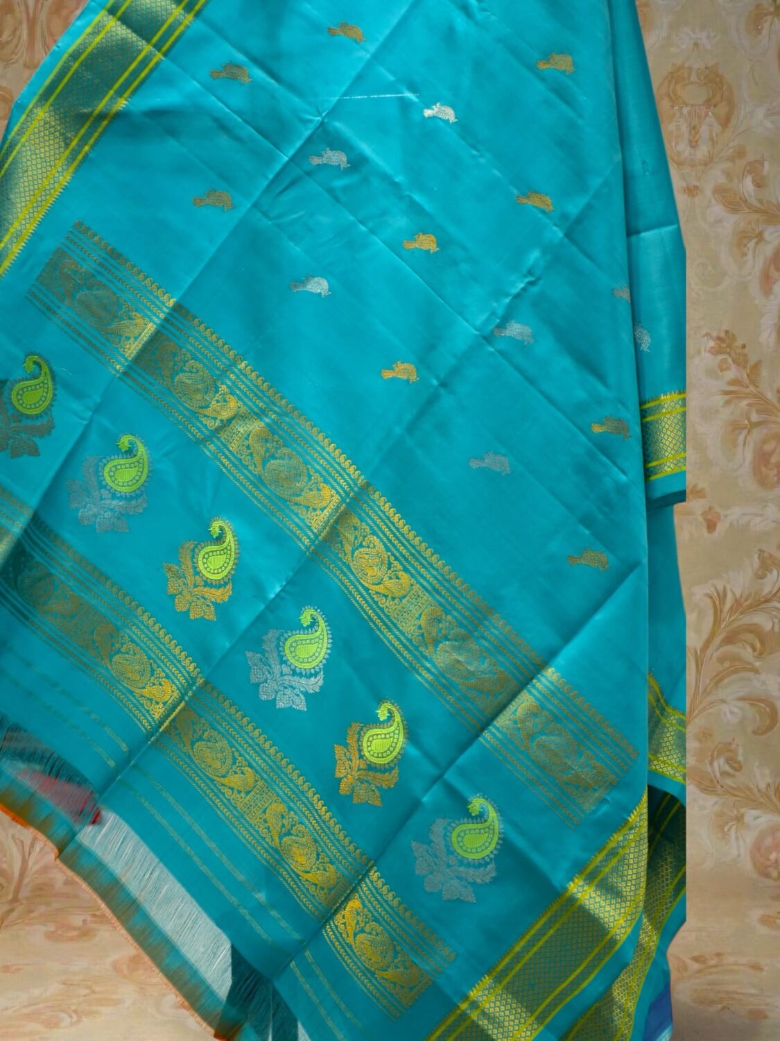 Turquoise Blue Pure Silk Handloom Dupatta | Gold Silver Zari & Meenakari Pallu