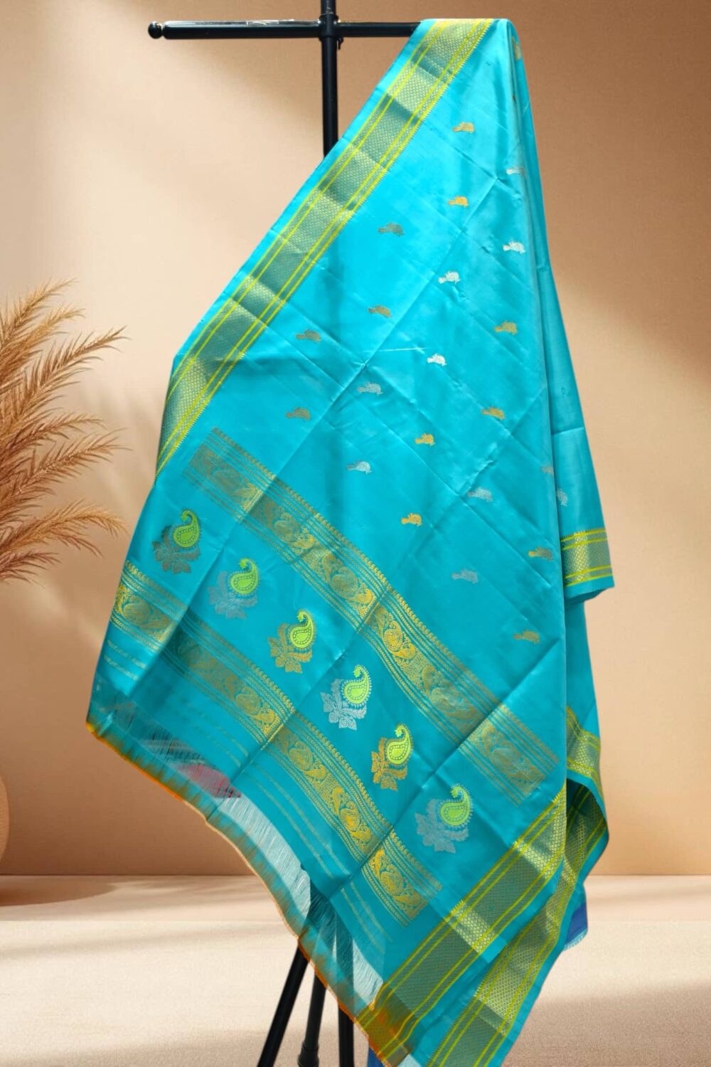 Turquoise Blue Pure Silk Handloom Dupatta | Gold Silver Zari & Meenakari Pallu