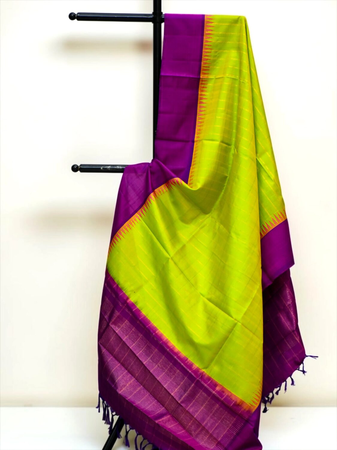 Lime Green & Magenta Handloom Pure Silk Temple Border Dupatta