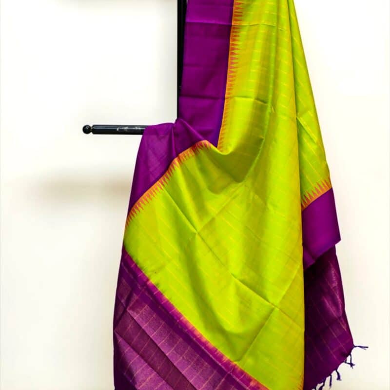 Lime Green & Magenta Handloom Pure Silk Temple Border Dupatta - view 4