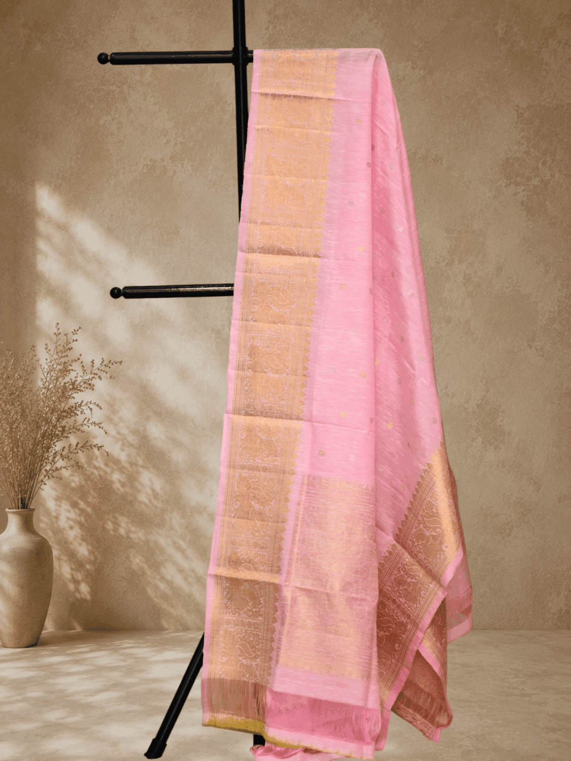 Baby Pink Handloom Linen Silk Dupatta with Traditional Zari Border