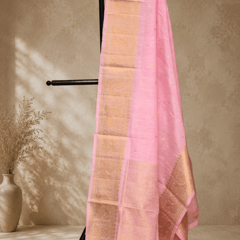 Baby Pink Handloom Linen Silk Dupatta with Traditional Zari Border - view 2