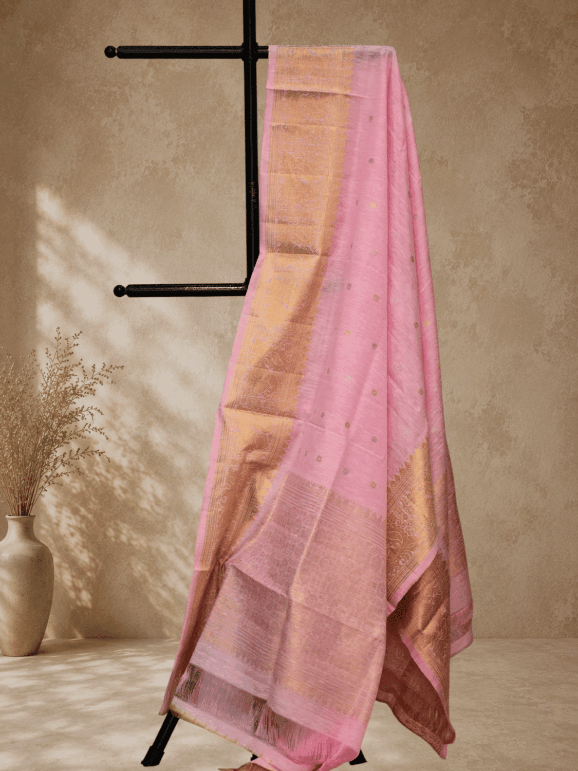 Baby Pink Handloom Linen Silk Dupatta with Traditional Zari Border