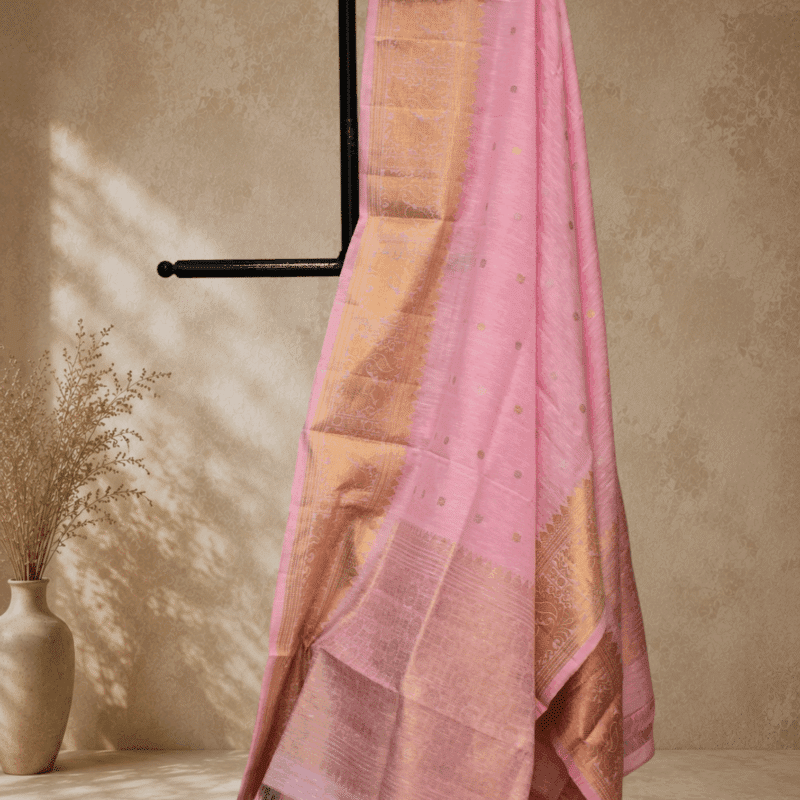 Baby Pink Handloom Linen Silk Dupatta with Traditional Zari Border - view 3