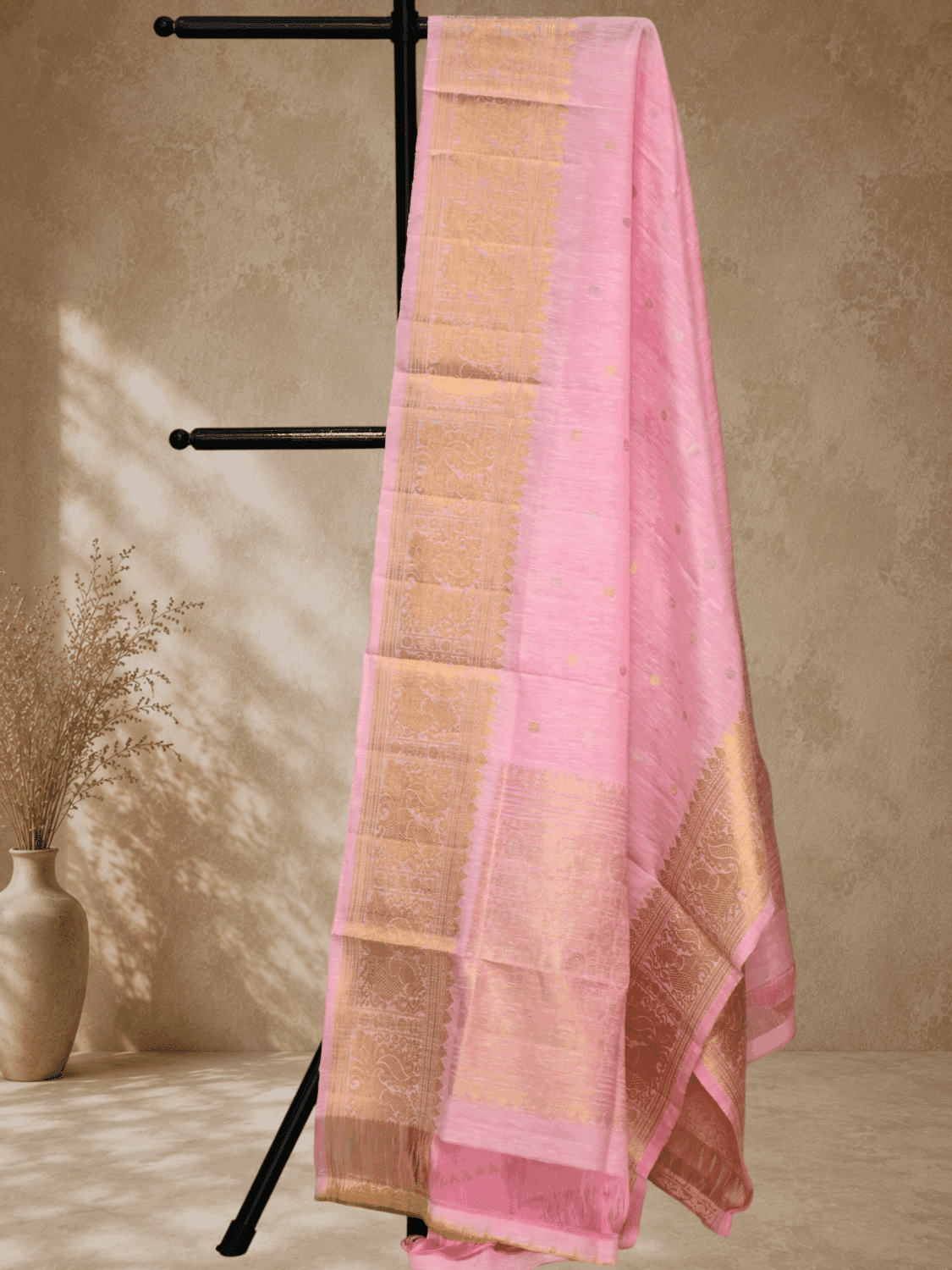 Baby Pink Handloom Linen Silk Dupatta with Traditional Zari Border