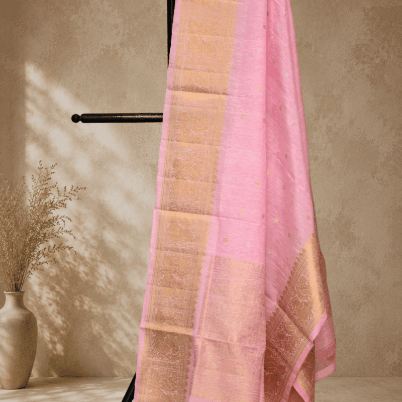 Baby Pink Handloom Linen Silk Dupatta with Traditional Zari Border - view 4