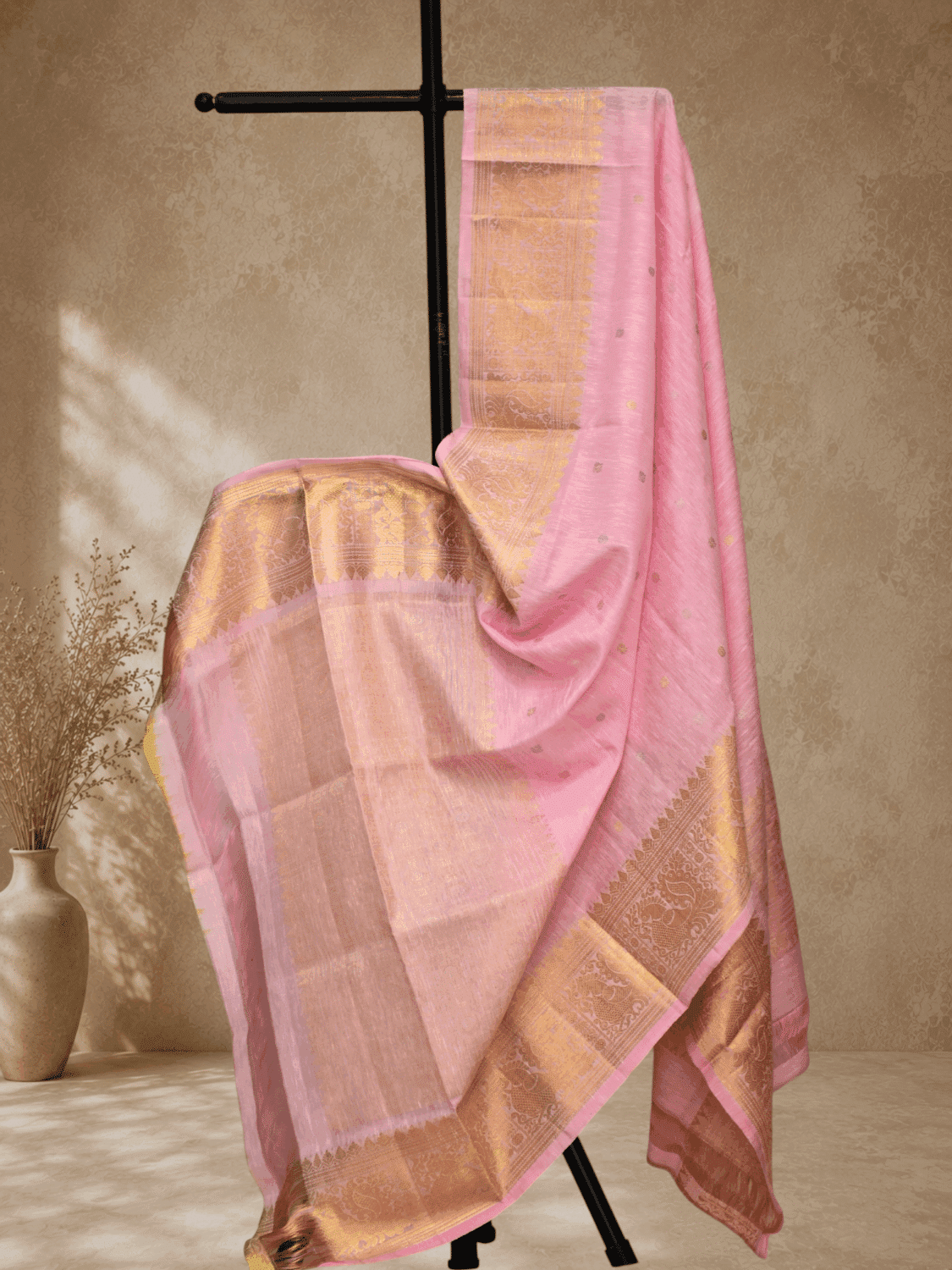 Baby Pink Handloom Linen Silk Dupatta with Traditional Zari Border
