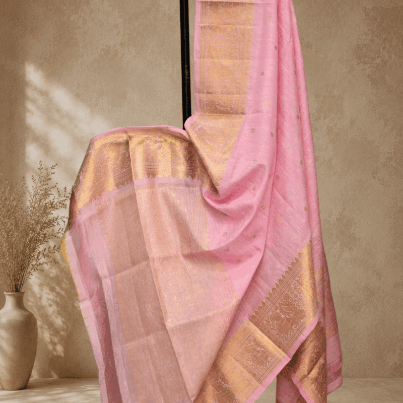 Baby Pink Handloom Linen Silk Dupatta with Traditional Zari Border - view 5