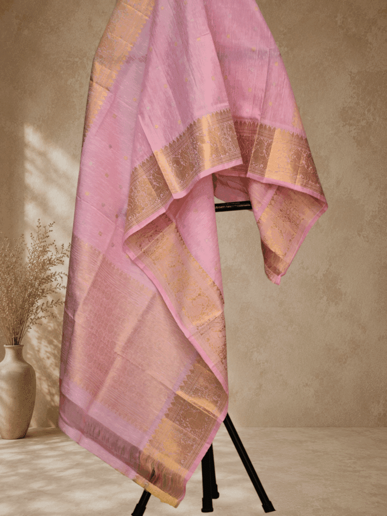 Baby Pink Handloom Linen Silk Dupatta with Traditional Zari Border