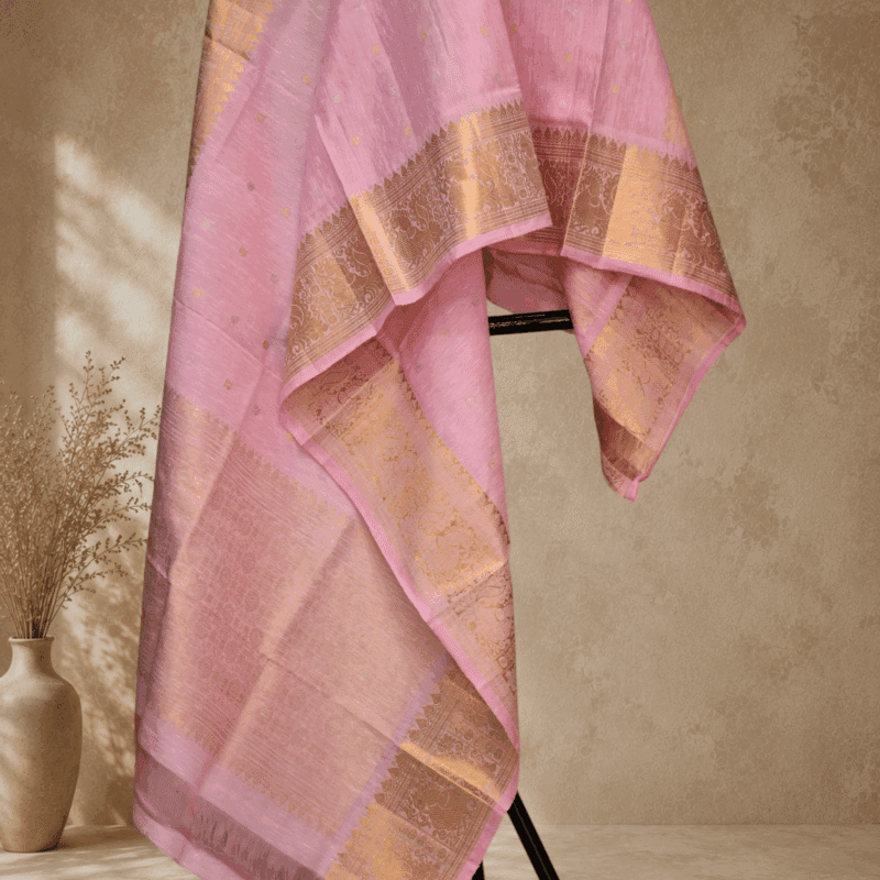 Baby Pink Handloom Linen Silk Dupatta with Traditional Zari Border