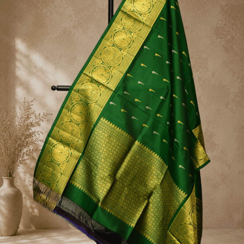 Bottle Green Handloom Pure Silk Gadwal Dupatta with Munia Zari Buttas & Vintage Border - view 2