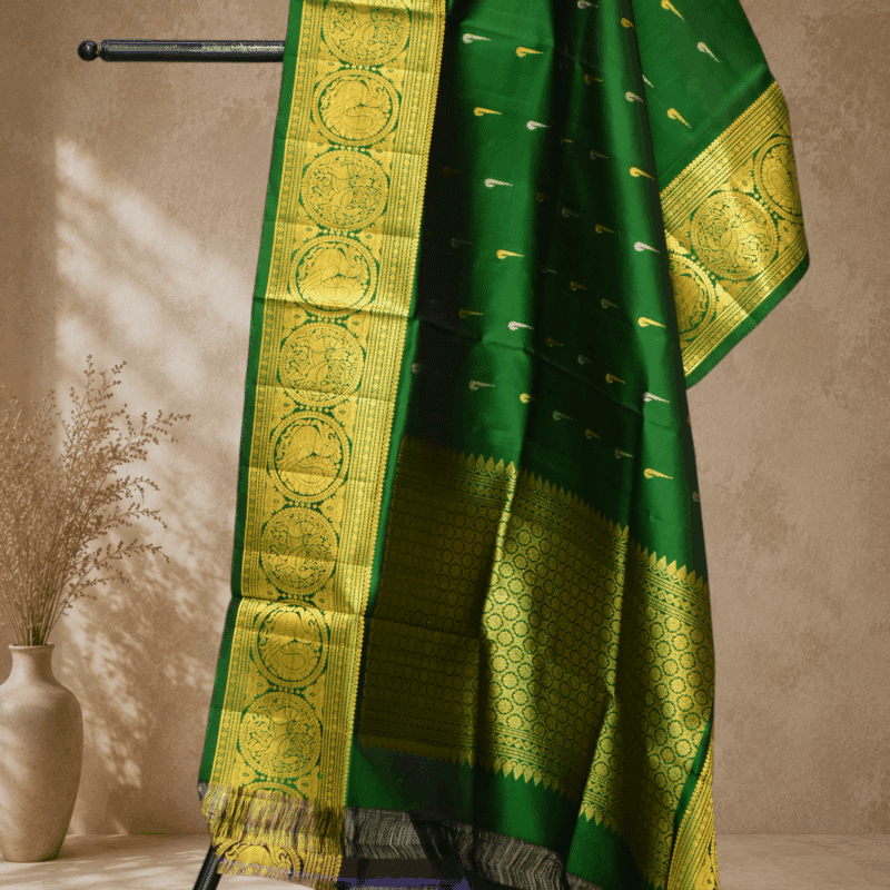 Bottle Green Handloom Pure Silk Gadwal Dupatta with Munia Zari Buttas & Vintage Border - view 3