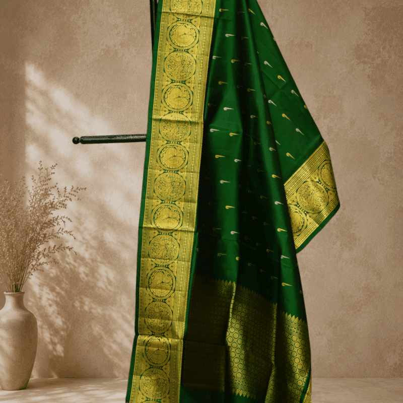 Bottle Green Handloom Pure Silk Gadwal Dupatta with Munia Zari Buttas & Vintage Border