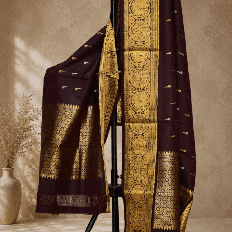 Coffee Brown Handloom Pure Silk Gadwal Dupatta
