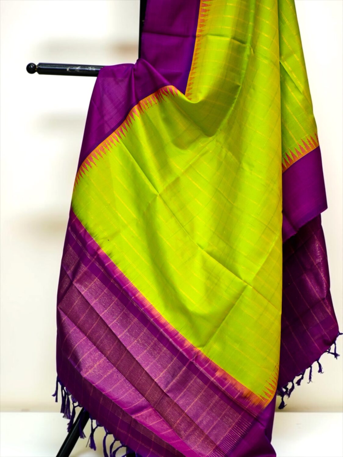 Lime Green & Magenta Handloom Pure Silk Temple Border Dupatta
