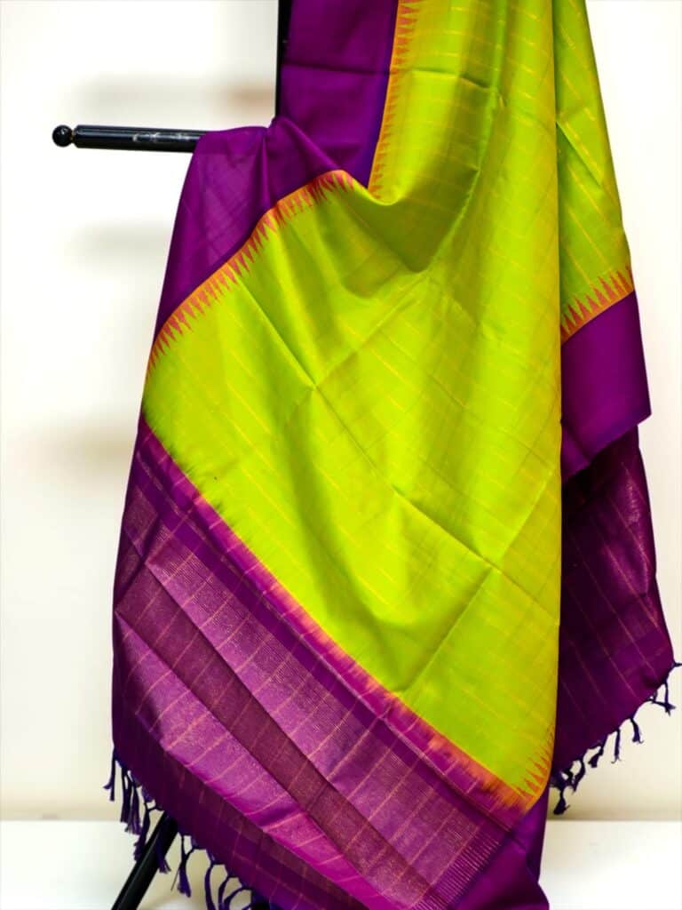 Lime Green & Magenta Handloom Pure Silk Temple Border Dupatta - view 2