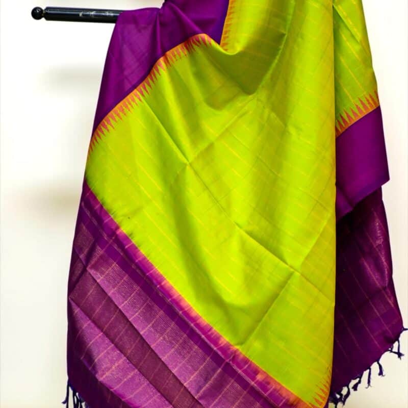 Lime Green & Magenta Handloom Pure Silk Temple Border Dupatta - view 2