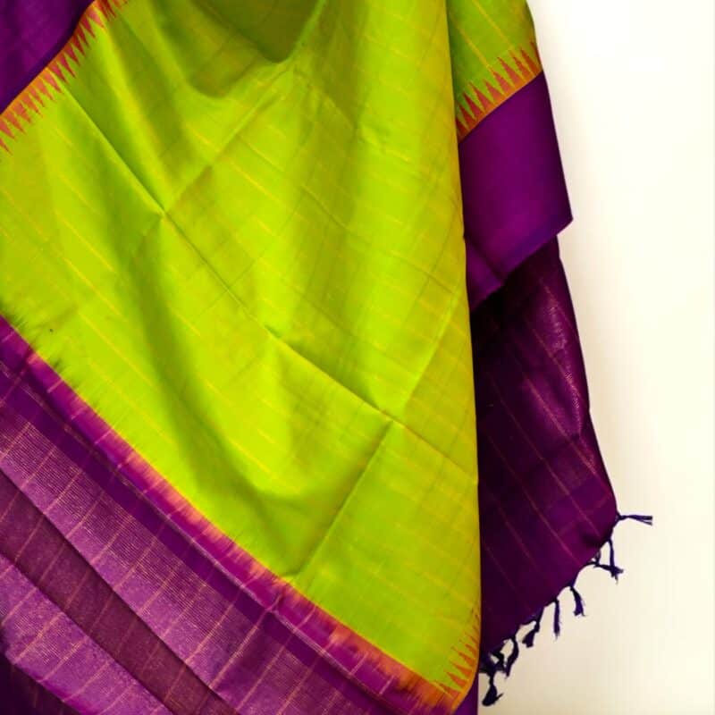 Lime Green & Magenta Handloom Pure Silk Temple Border Dupatta - view 3