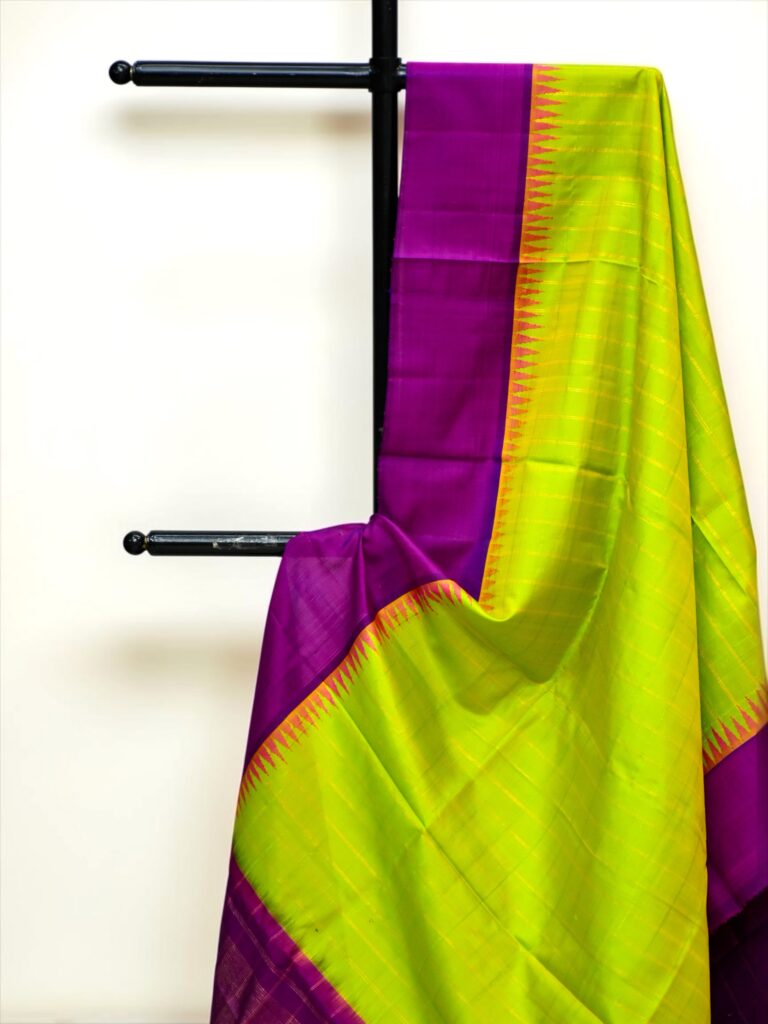 Lime Green & Magenta Handloom Pure Silk Temple Border Dupatta