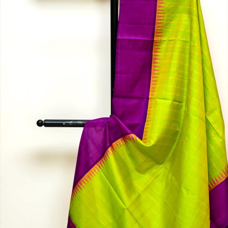 Lime Green & Magenta Handloom Pure Silk Temple Border Dupatta